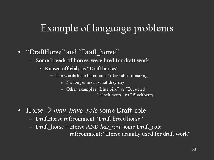 Example of language problems • “Draft. Horse” and “Draft_horse” – Some breeds of horses