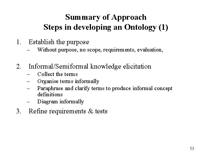 Summary of Approach Steps in developing an Ontology (1) 1. Establish the purpose –