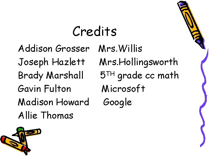 Credits Addison Grosser Mrs. Willis Joseph Hazlett Mrs. Hollingsworth Brady Marshall 5 TH grade