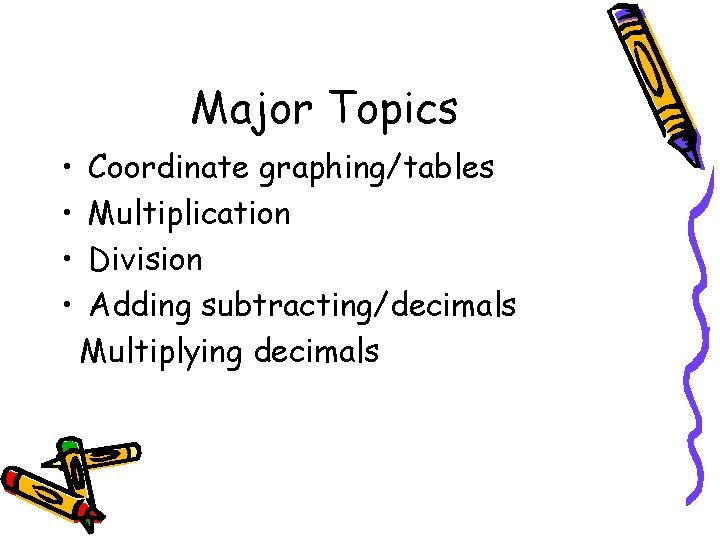 Major Topics • • Coordinate graphing/tables Multiplication Division Adding subtracting/decimals Multiplying decimals 