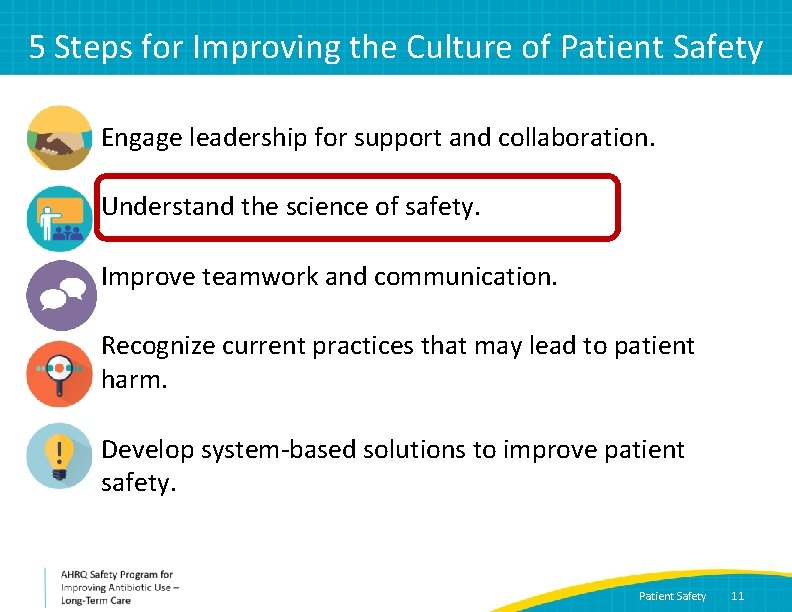 5 Steps for Improving the Culture of Patient Safety • Engage leadership for support
