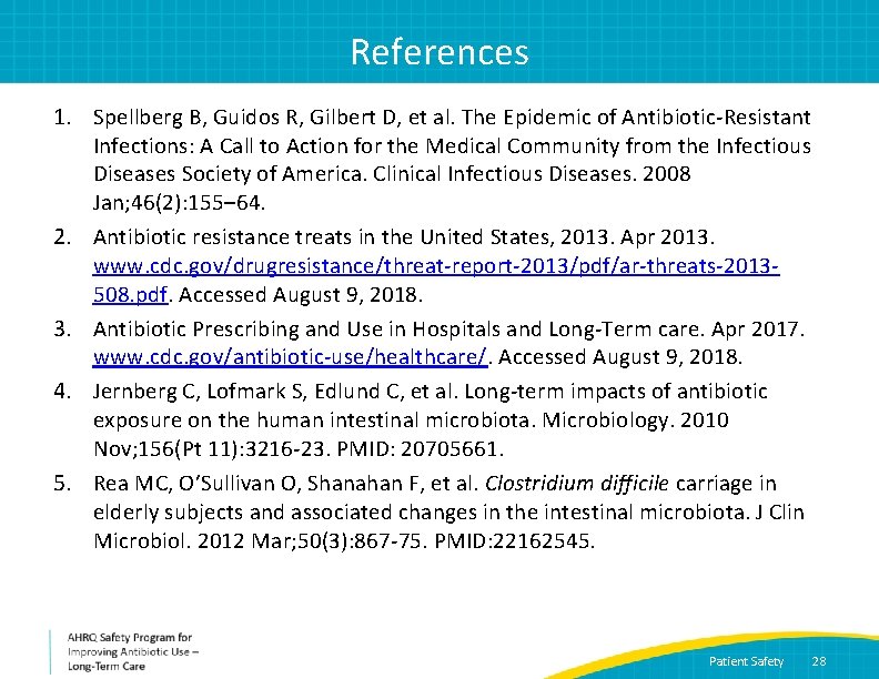 References 1. Spellberg B, Guidos R, Gilbert D, et al. The Epidemic of Antibiotic-Resistant