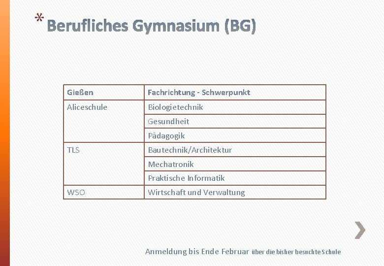 * Gießen Fachrichtung - Schwerpunkt Aliceschule Biologietechnik Gesundheit Pädagogik TLS Bautechnik/Architektur Mechatronik Praktische Informatik