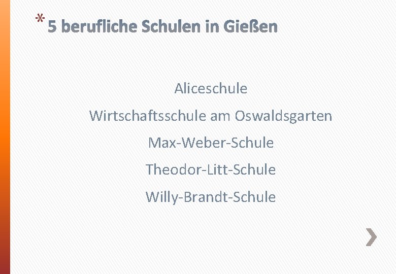 * Aliceschule Wirtschaftsschule am Oswaldsgarten Max-Weber-Schule Theodor-Litt-Schule Willy-Brandt-Schule 