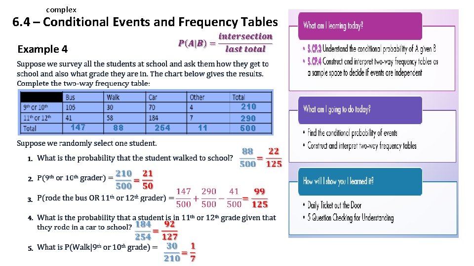 complex 6. 4 – Conditional Events and Frequency Tables Example 4 147 88 254