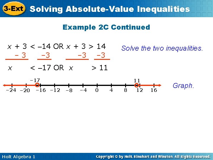 3 -Ext Solving Absolute-Value Inequalities Example 2 C Continued x + 3 < –