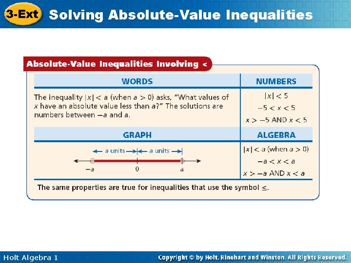 3 -Ext Solving Absolute-Value Inequalities Holt Algebra 1 