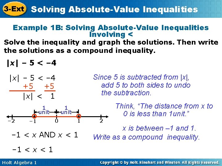 3 -Ext Solving Absolute-Value Inequalities Example 1 B: Solving Absolute-Value Inequalities Involving < Solve