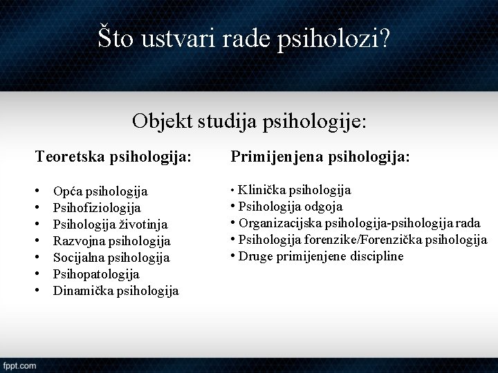 Što ustvari rade psiholozi? Objekt studija psihologije: Teoretska psihologija: Primijenjena psihologija: • • Klinička