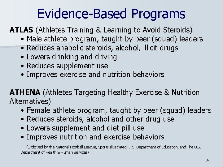 Evidence-Based Programs ATLAS (Athletes Training & Learning to Avoid Steroids) • Male athlete program,