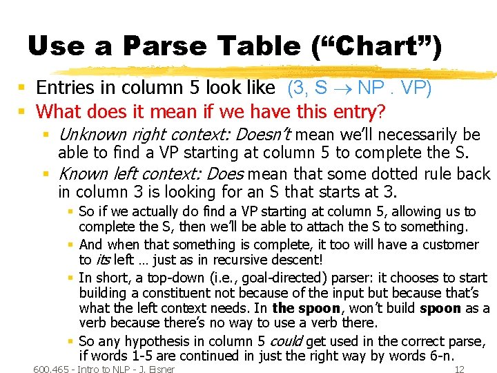 Use a Parse Table (“Chart”) § Entries in column 5 look like (3, S