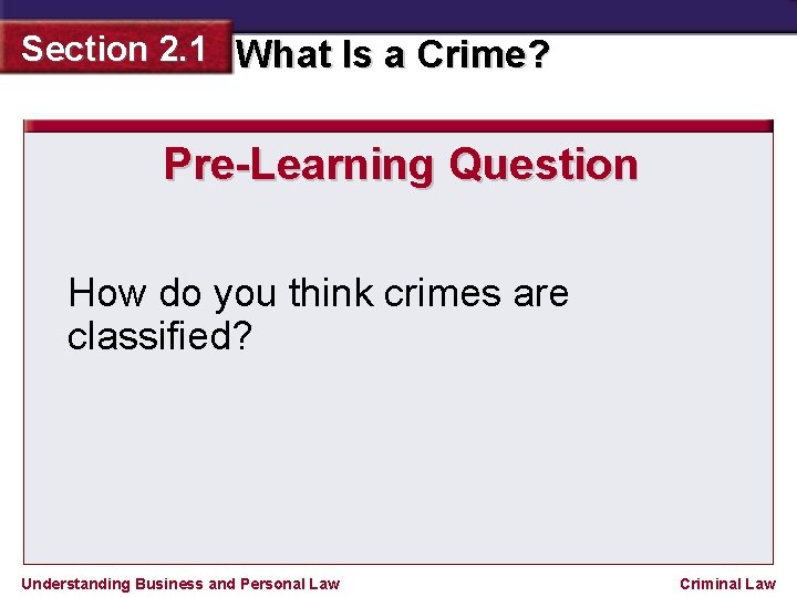 Section 2. 1 What Is a Crime? Pre-Learning Question How do you think crimes