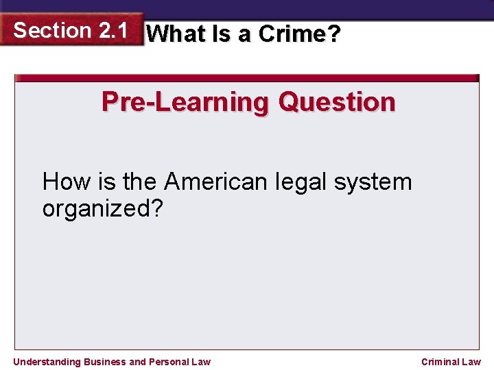Section 2. 1 What Is a Crime? Pre-Learning Question How is the American legal