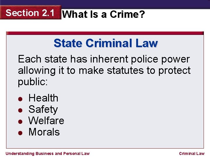 Section 2. 1 What Is a Crime? State Criminal Law Each state has inherent