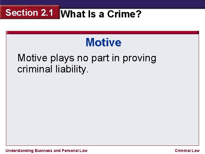 Section 2. 1 What Is a Crime? Motive plays no part in proving criminal