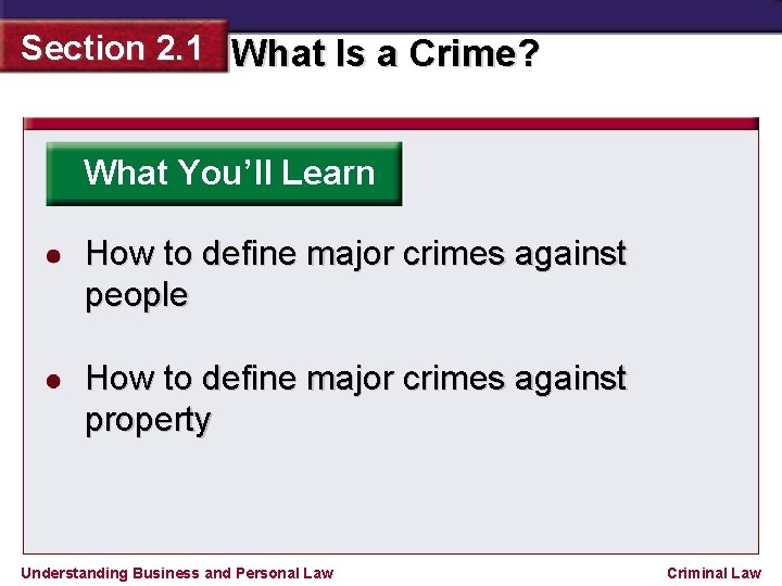 Section 2. 1 What Is a Crime? What You’ll Learn How to define major