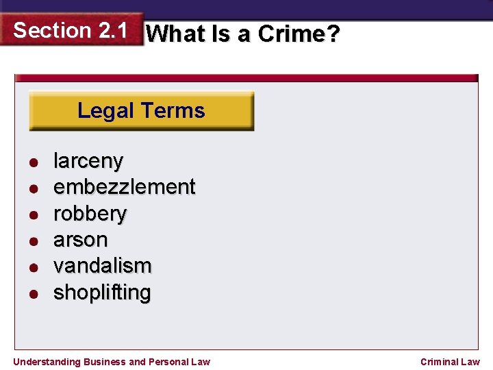 Section 2. 1 What Is a Crime? Legal Terms larceny embezzlement robbery arson vandalism