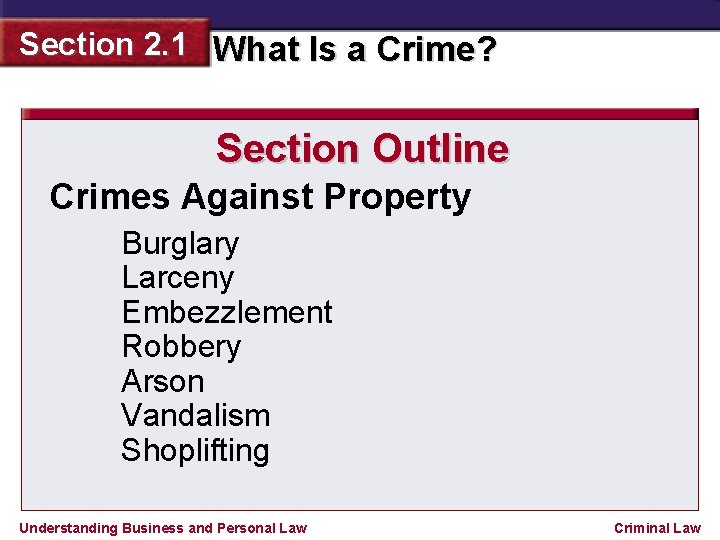 Section 2. 1 What Is a Crime? Section Outline Crimes Against Property Burglary Larceny