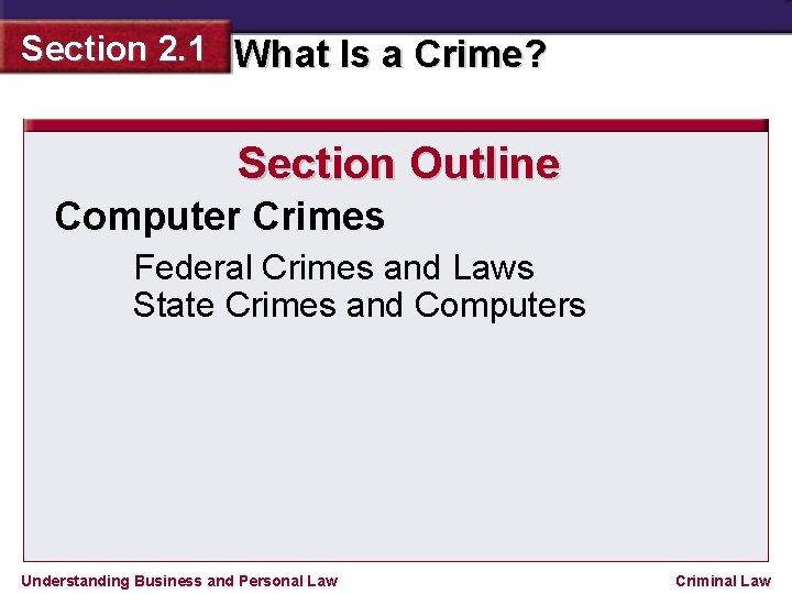 Section 2. 1 What Is a Crime? Section Outline Computer Crimes Federal Crimes and