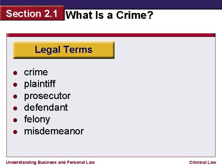 Section 2. 1 What Is a Crime? Legal Terms crime plaintiff prosecutor defendant felony