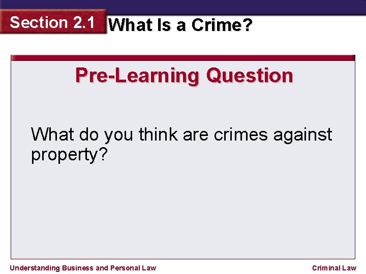 Section 2. 1 What Is a Crime? Pre-Learning Question What do you think are