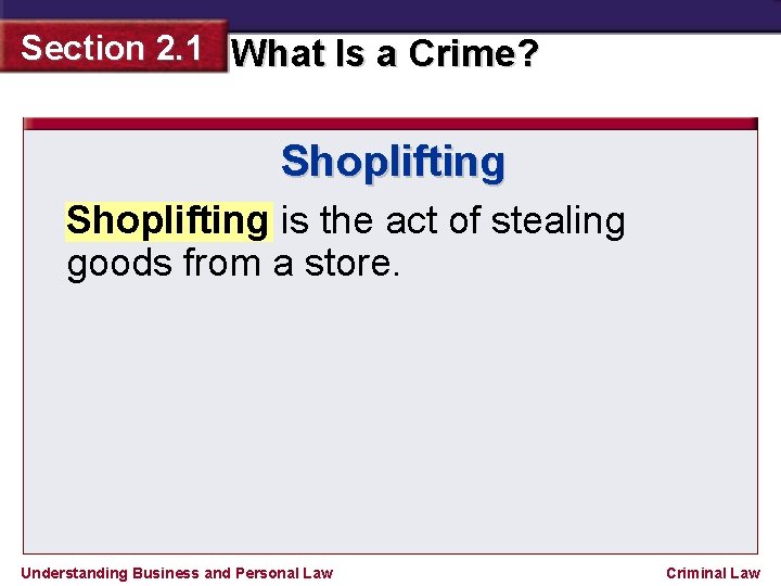 Section 2. 1 What Is a Crime? Shoplifting is the act of stealing goods