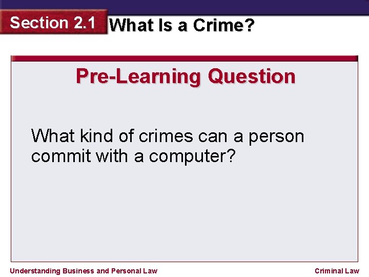 Section 2. 1 What Is a Crime? Pre-Learning Question What kind of crimes can