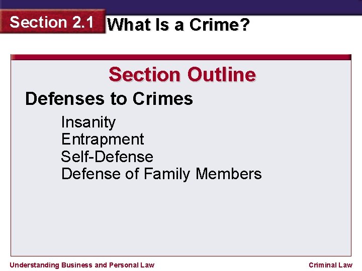 Section 2. 1 What Is a Crime? Section Outline Defenses to Crimes Insanity Entrapment