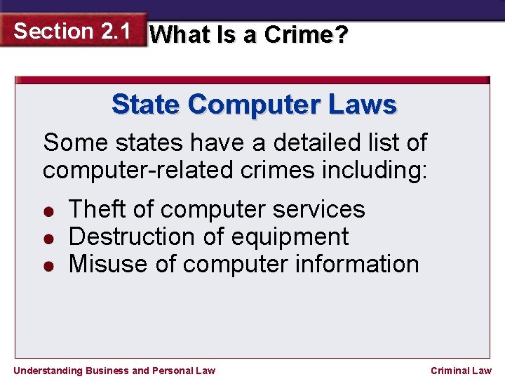 Section 2. 1 What Is a Crime? State Computer Laws Some states have a