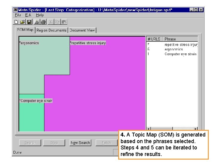 4. A Topic Map (SOM) is generated based on the phrases selected. Steps 4