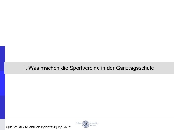 I. Was machen die Sportvereine in der Ganztagsschule Quelle: St. EG-Schulleitungsbefragung 2012 