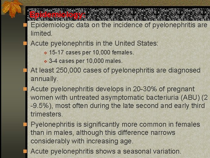 Epidemiology: n Epidemiologic data on the incidence of pyelonephritis are limited. n Acute pyelonephritis