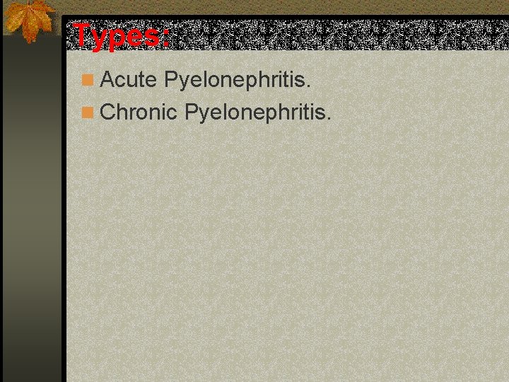 Types: n Acute Pyelonephritis. n Chronic Pyelonephritis. 