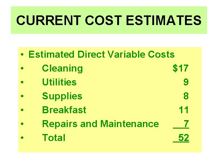 CURRENT COST ESTIMATES • Estimated Direct Variable Costs • Cleaning $17 • Utilities 9