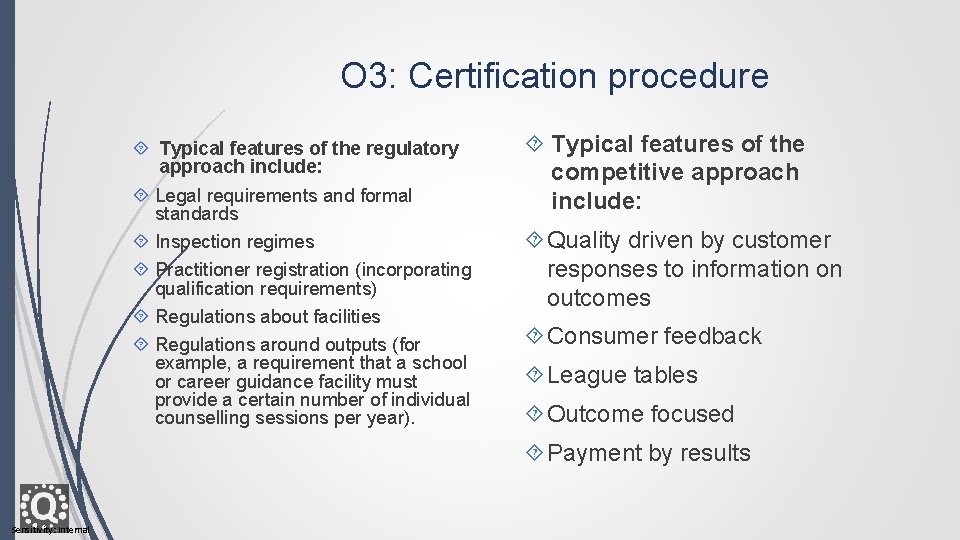 O 3: Certification procedure Typical features of the regulatory approach include: Legal requirements and