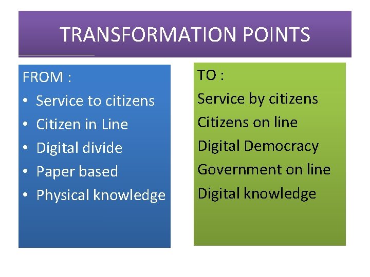 TRANSFORMATION POINTS FROM : • Service to citizens • Citizen in Line • Digital