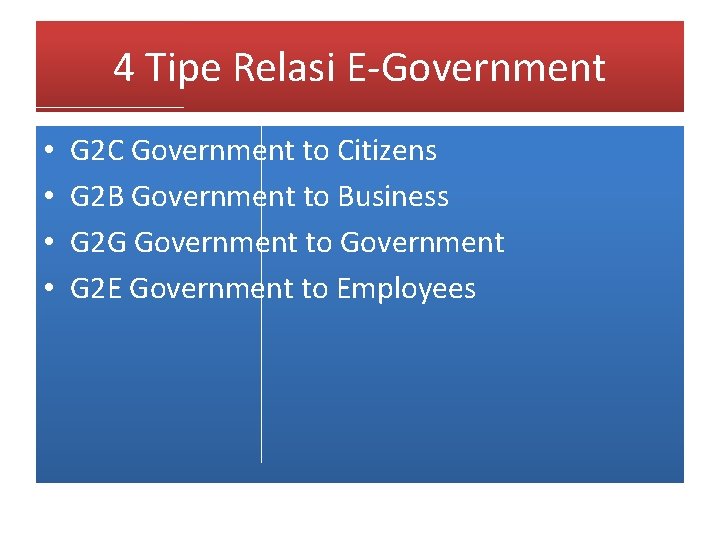 4 Tipe Relasi E-Government • • G 2 C Government to Citizens G 2