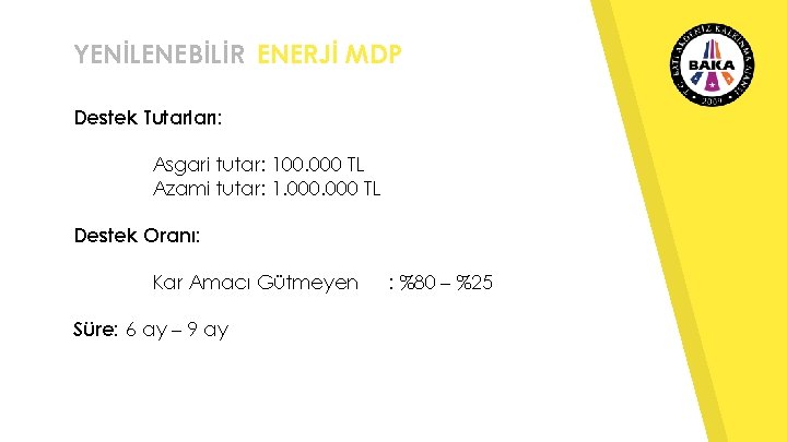 YENİLENEBİLİR ENERJİ MDP Destek Tutarları: Asgari tutar: 100. 000 TL Azami tutar: 1. 000