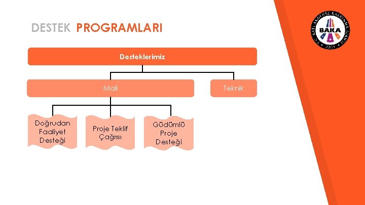 DESTEK PROGRAMLARI Desteklerimiz Mali Doğrudan Faaliyet Desteği Proje Teklif Çağrısı Teknik Güdümlü Proje Desteği