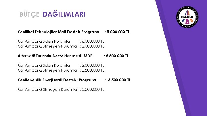 BÜTÇE DAĞILIMLARI Yenilikci Teknolojiler Mali Destek Programı : 8. 000 TL Kar Amacı Güden