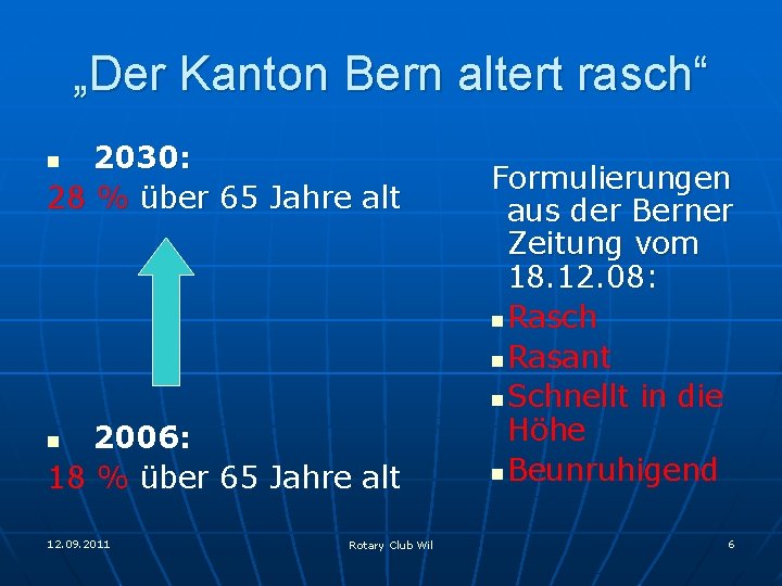 „Der Kanton Bern altert rasch“ 2030: 28 % über 65 Jahre alt n 2006: