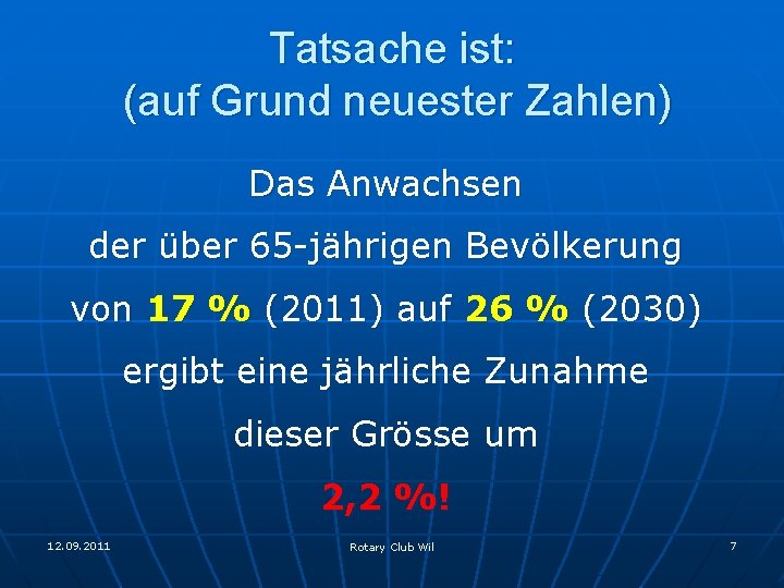 Tatsache ist: (auf Grund neuester Zahlen) Das Anwachsen der über 65 -jährigen Bevölkerung von