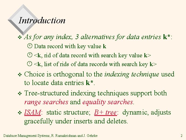 Introduction As for any index, 3 alternatives for data entries k*: À Data record