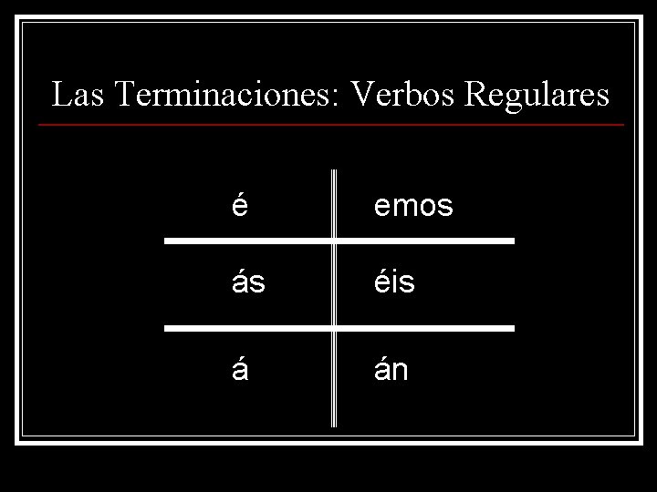 Las Terminaciones: Verbos Regulares é emos ás éis á án 