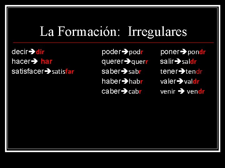 La Formación: Irregulares decir dir hacer har satisfacer satisfar poder podr querer querr saber