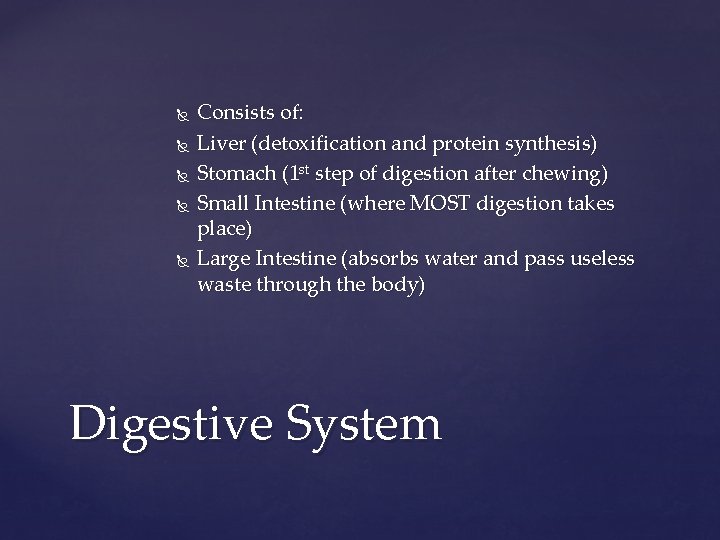  Consists of: Liver (detoxification and protein synthesis) Stomach (1 st step of digestion