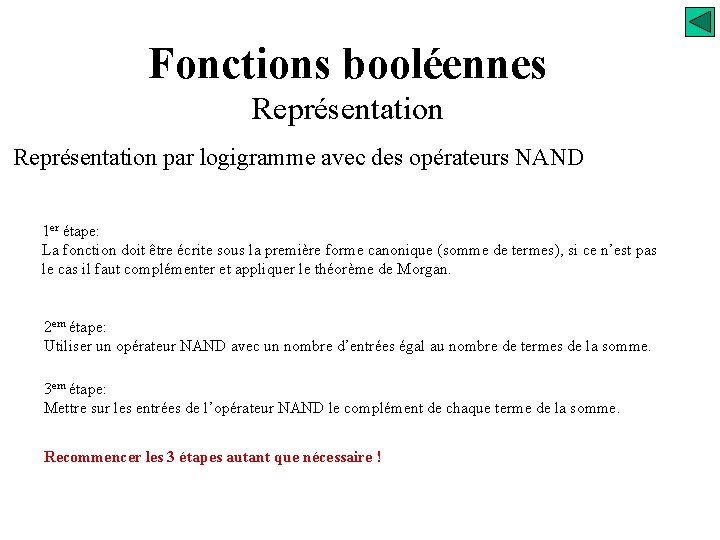 Fonctions booléennes Représentation par logigramme avec des opérateurs NAND 1 er étape: La fonction