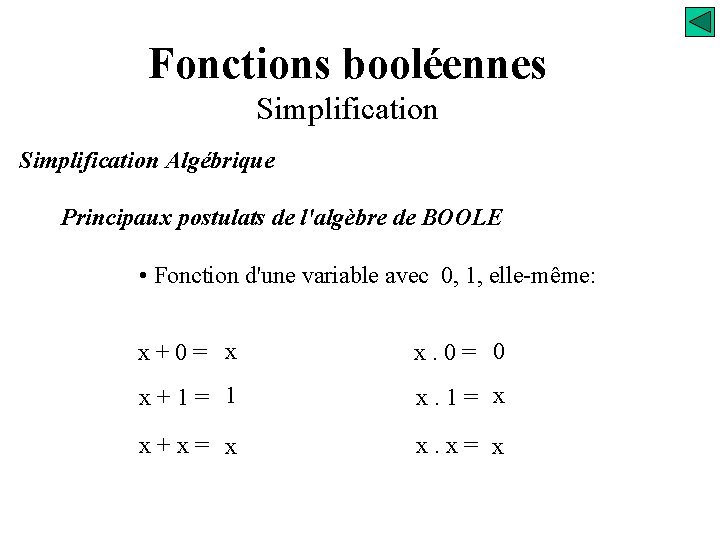 Fonctions booléennes Simplification Algébrique Principaux postulats de l'algèbre de BOOLE • Fonction d'une variable