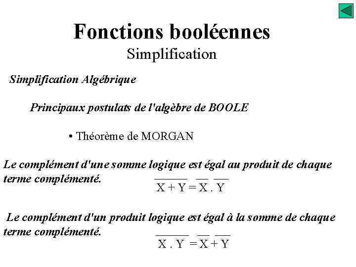 Fonctions booléennes Simplification Algébrique Principaux postulats de l'algèbre de BOOLE • Théorème de MORGAN