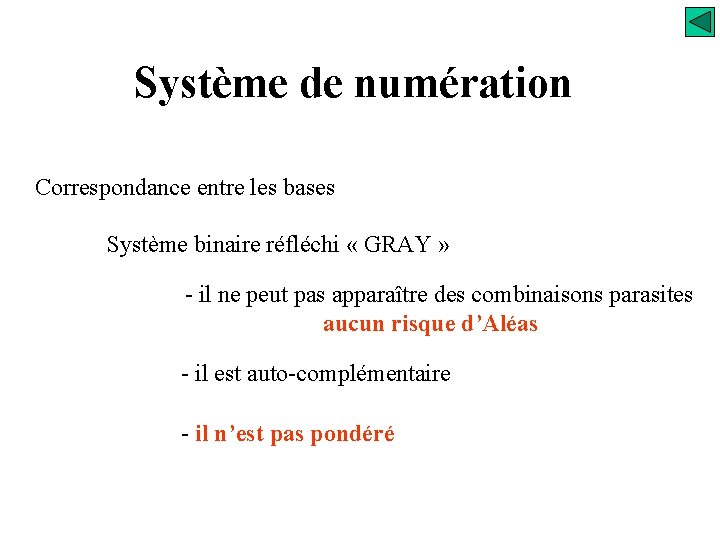 Système de numération Correspondance entre les bases Système binaire réfléchi « GRAY » -
